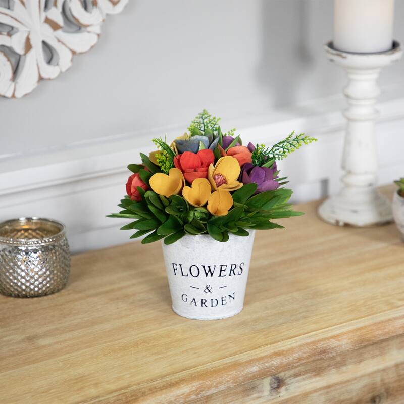 Wooden Artificial Spring Floral Arrangement "Flowers Garden" Pot 8"