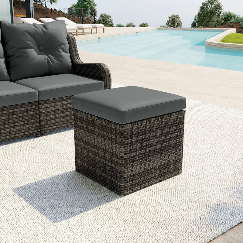 17.7" W Outdoor Rattan Patio Square Ottoman with Seat Cushion