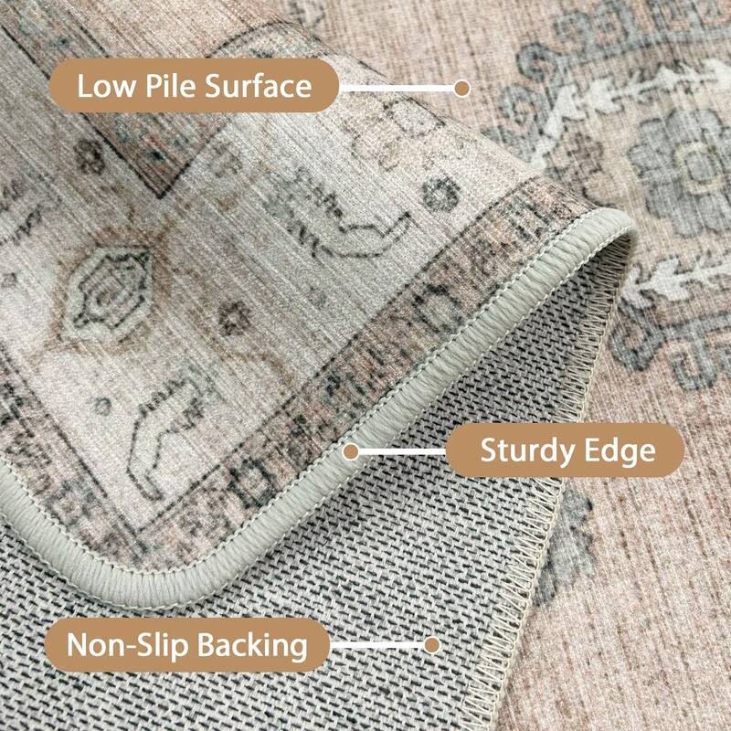 Mcow Vintage Floral Low-Pile Machine Washable Non-Slip Area Rug