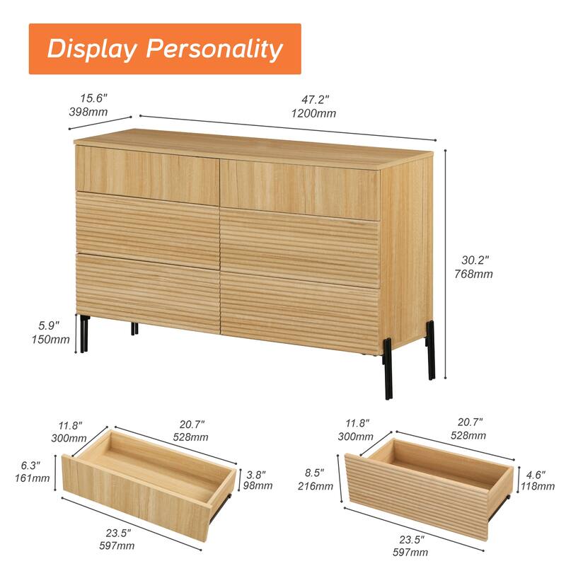 WAMPAT 6 Drawer Baby Dresser For Bedroom, Double Chest Of Drawers For Kids With Minimalist Reeded Design