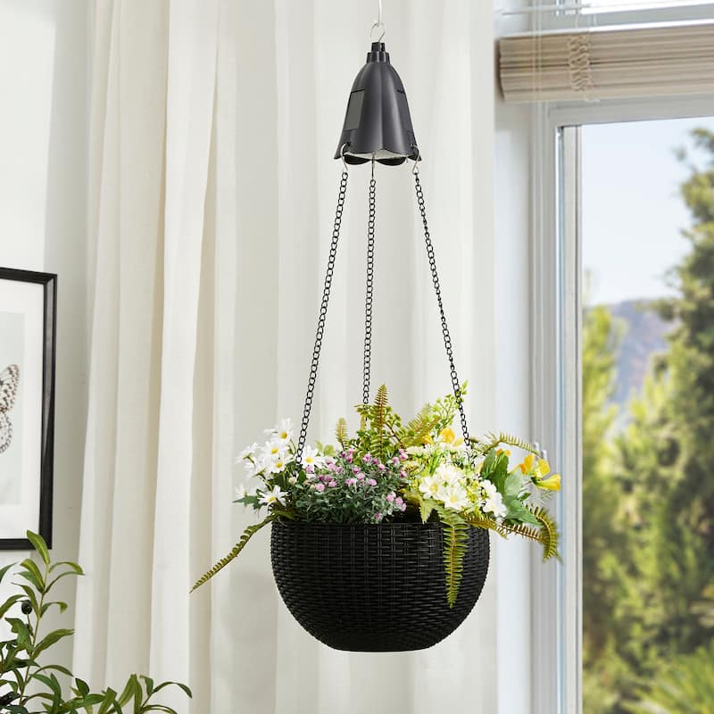 Glitzhome 30"H Solar Lighted Plastic Hanging Planter Basket
