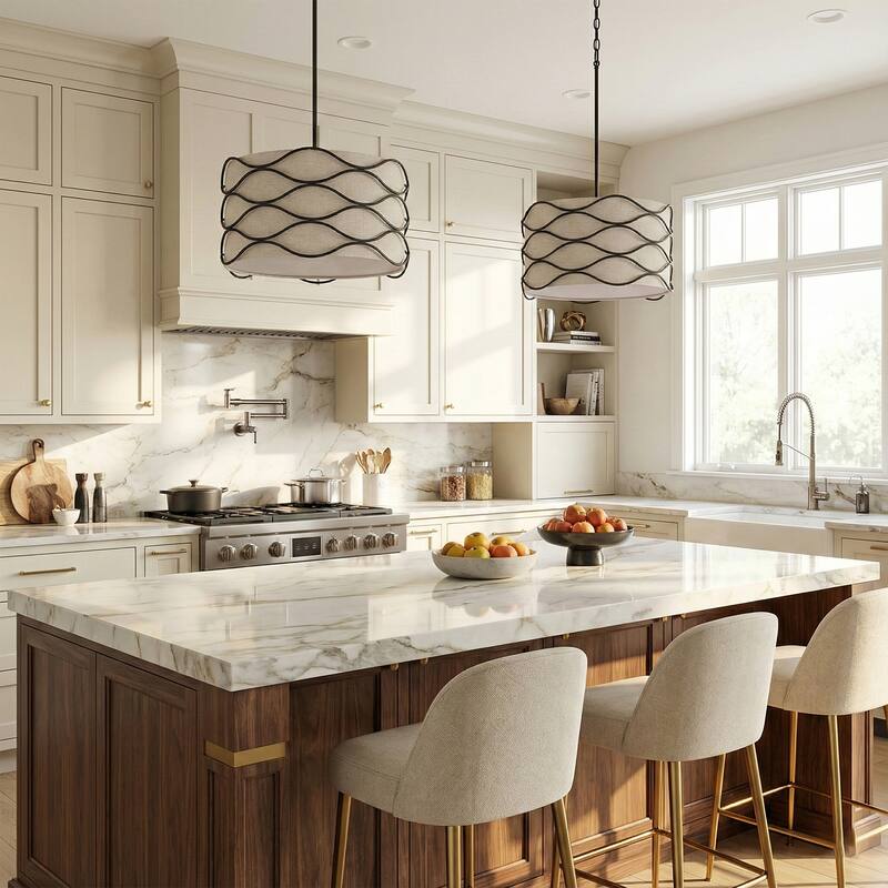 Acroma 4-light Modern Wave Frame Drum Chandelier with Fabric Shade