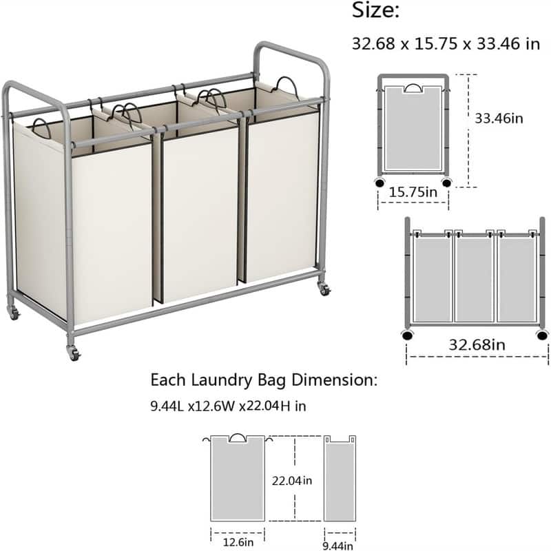 3Bag Laundry Basket Hamper Laundry - 33.46"L x 15.75"W x 32.68"H