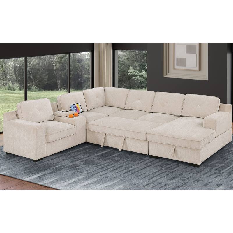 Oversized U Shaped Sleeper Sectional Sofa Pull Out Couch Bed - Beige