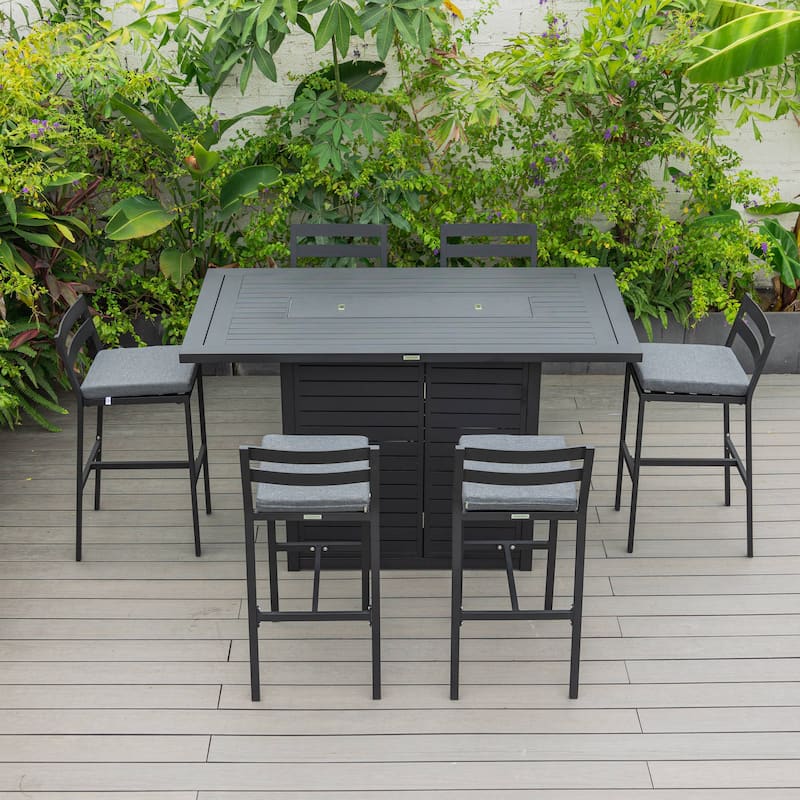 7-Piece Outdoor Patio Bar Height Dining Set in Aluminum with Rectangular Fire Pit Table and 6 Barstool