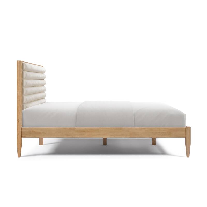 Wood Bed Frame with Upholstered Headboard Queen Size Platform with Slat Support Mattress Foundation No Box Spring Needed,Ivory