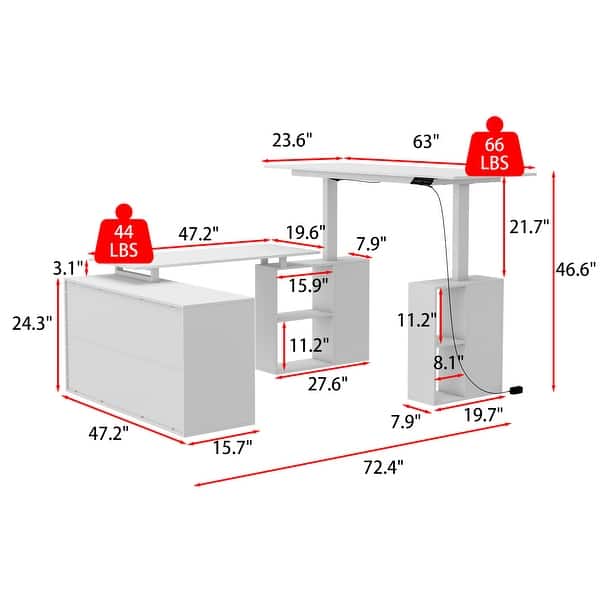 dimension image slide 2 of 3, Electric Height-Adjustable Office Desk with Glass Cabinets & Storage