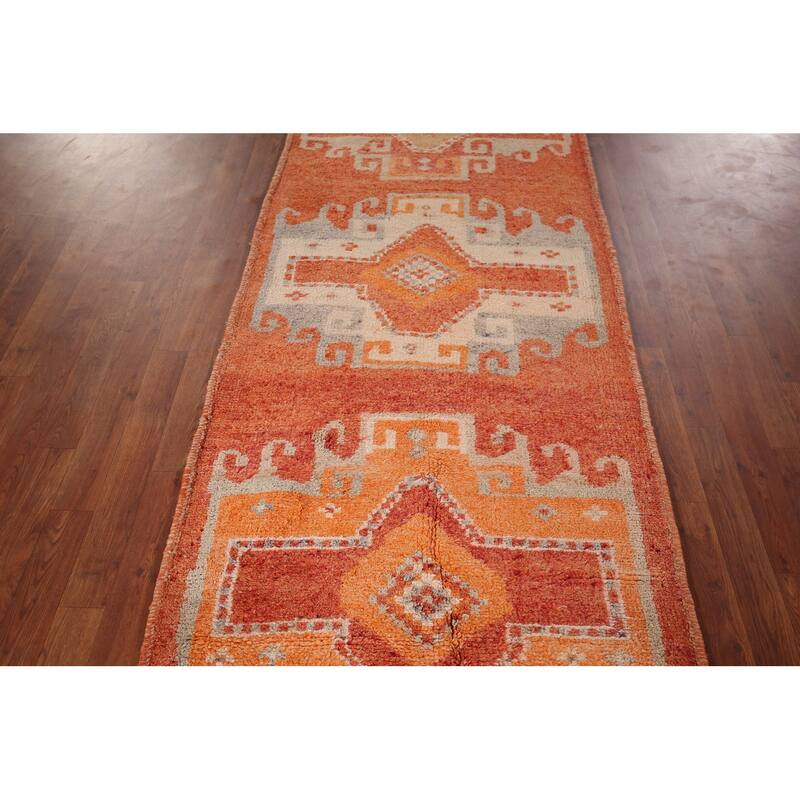 Handmade Orange Geometric Oushak Turkish Vintage Runner Rug - 3'3"x 9'4"