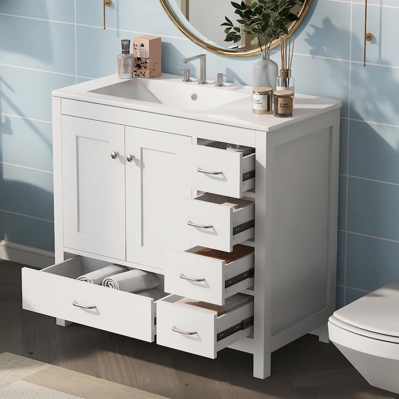 GDFStudio - Iris 36" Bathroom Vanity with Ceramic Sink, 2 Soft-Close Doors & 5 Drawers