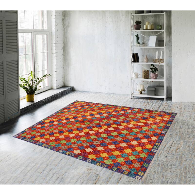 Shabby Chic Balochi Medina Orange/Blue Hand Knotted Wool Rug - 4'10'' x 6'7''