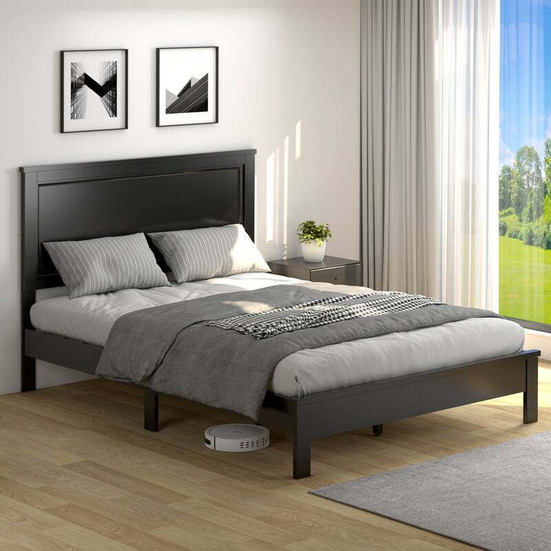 Gymax Twin/Full/Queen Size Bed Frame Platform Slat High Headboard - Black - Queen