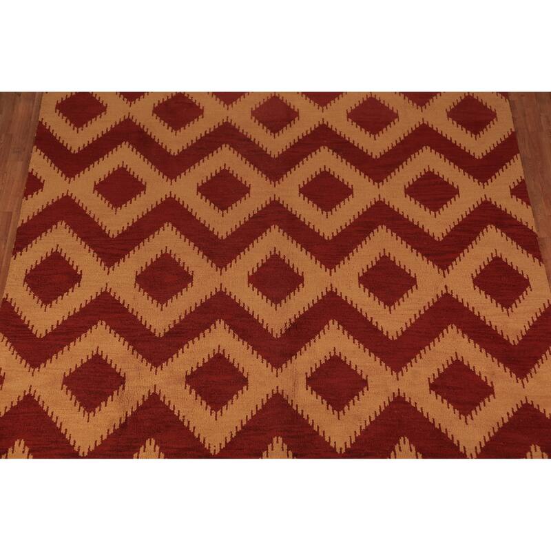 Hand Knotted Oriental 100% Wool Carpet Modern Geometric Red Moroccan Area Rug - 11' 7'' X 8' 10''