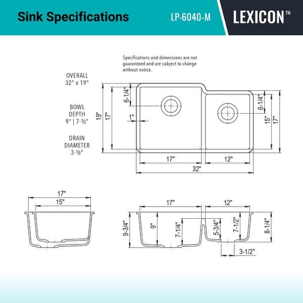 dimension image slide 5 of 6, Lexicon Platinum Quartz 60/40 Double Bowl Kitchen Sink