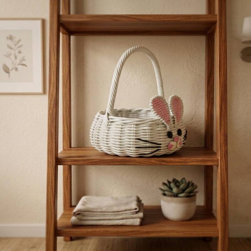 Hand Woven Bunny Rattan Wedding Flower Girl Basket Easter Bin Home Decor Cute Handmade Handcrafted Nursery Gift Animal Storage