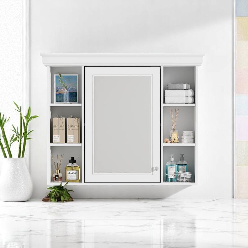 Modern 35" Bathroom Wall Cabinet with Mirror, 6 Shelves for Storage, Over Toilet Cabinet - White