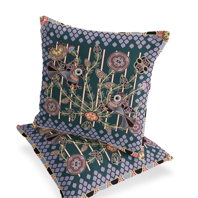 HomeRoots Set of Two 16" X 16" Green and Pink Peacock Blown Seam Floral Indoor Outdoor Throw Pillow - 16.00' X '16.00' X '5.00