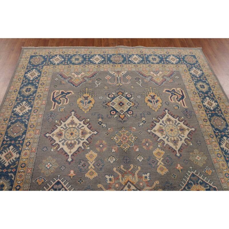 Hand Knotted Oriental 100% Wool Carpet Traditional Geometric Greys & Charcoal Kazak Area Rug - 9' 9'' X 6' 5''