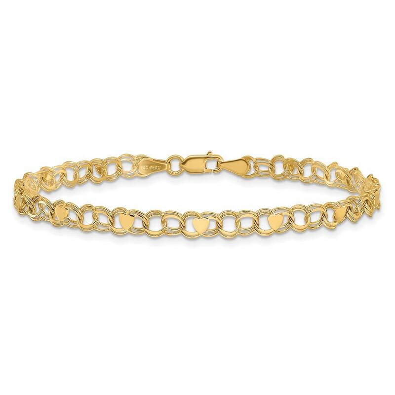Curata 10k Yellow Gold 4mm Double Link Heart Charm Bracelet Options: 7" 8"