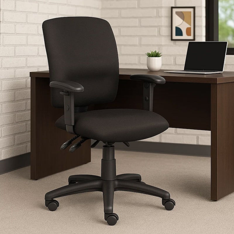 Zean Swivel Task Chair, Adjustable Arms, Black Crepe Fabric, Rolling
