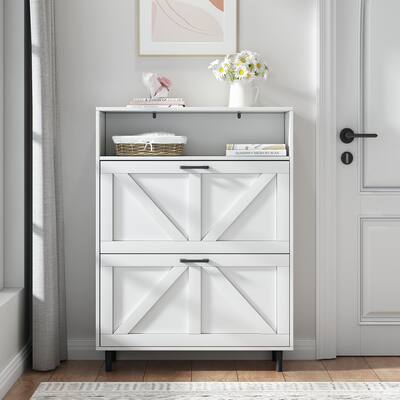 Farmhouse Shoe Storage Cabinet with Flip Drawers and Open Storage