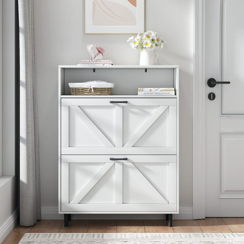 Shoe Storage Cabinet with Barn Door Design,Shoe Organizer with 2 Flip Drawers,Freestanding Narrow Shoe Rack Cabinet - Antique White