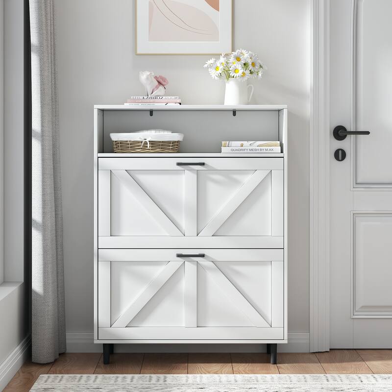 Slim Freestanding Shoe Organizer Cabinet with Barn Door Design, Adjustable Shelves and Top Shelf Storage for Entryway, Foyer