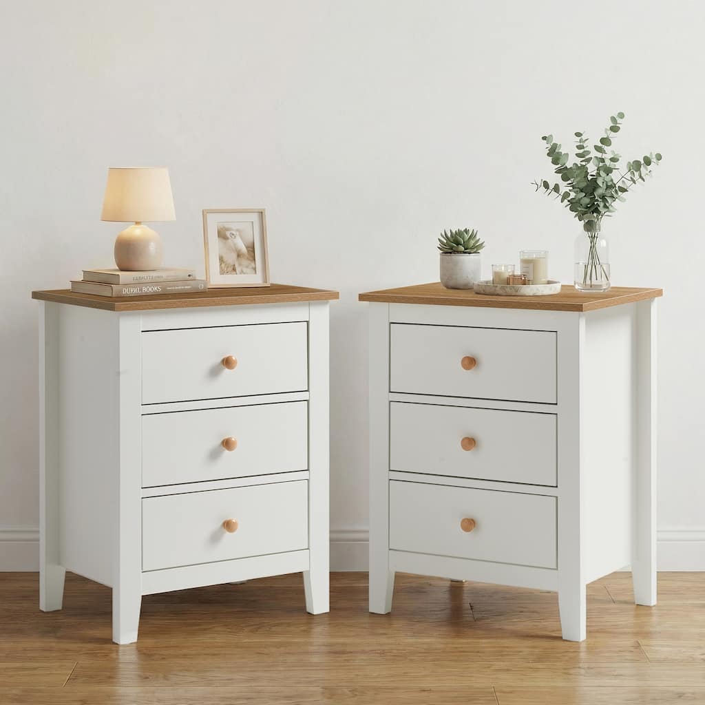 3 Drawer Nightstand Set of 2, Bedside Tables with Solid Wood Knobs
