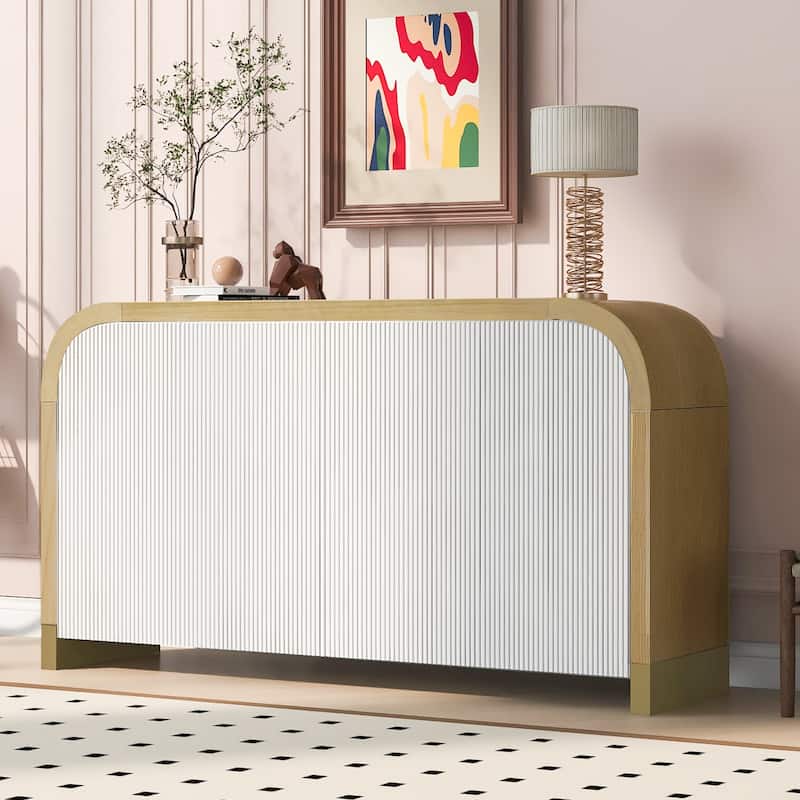 4-door Curved Corner Design Wavy Door Panel Cabinet with Adjustable Shelves, Suitable for Study, Living Room