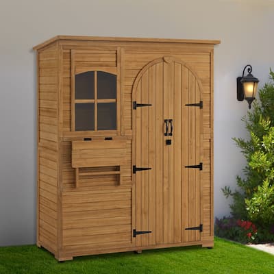 MCombo Outdoor Storage Shed with 3 Shelves, Outside Wood Storage Cabinet with 1 Foldable Table for Yard, Garden, Patio1815
