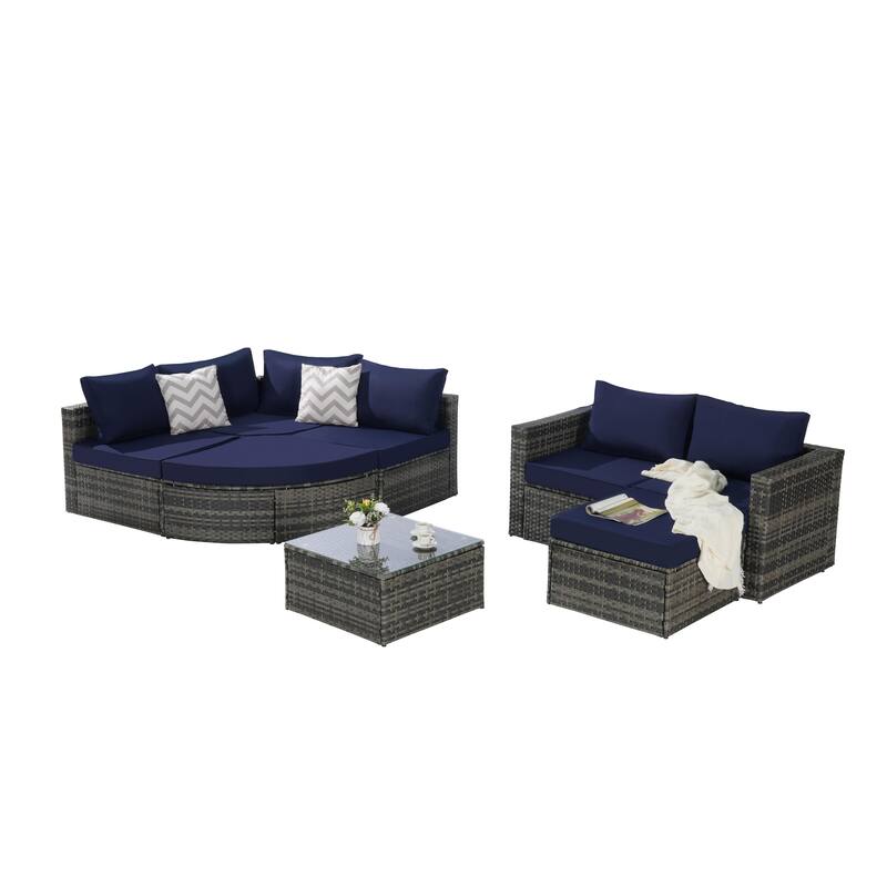 8 Piece Outdoor L Shaped Free Combination Conversation Set, Rattan Patio Sectional Sofa with Curved Ottoman and Coffee Table