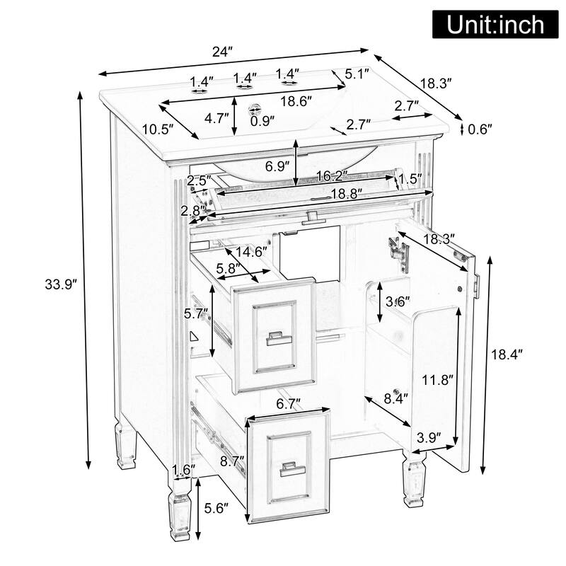 24 Inch Bathroom Vanity with Ceramic Sink Combo, Undermount Vanity Sink Cabinet Bathroom Storage Cabinet for Small Space