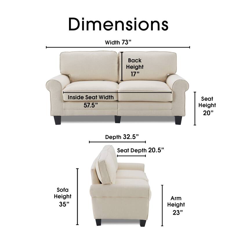 Serta Copenhagen 73" Sofa Couch for Two People, Pillowed Back Cushions and Rounded Arms, Durable Modern Upholstered Fabric