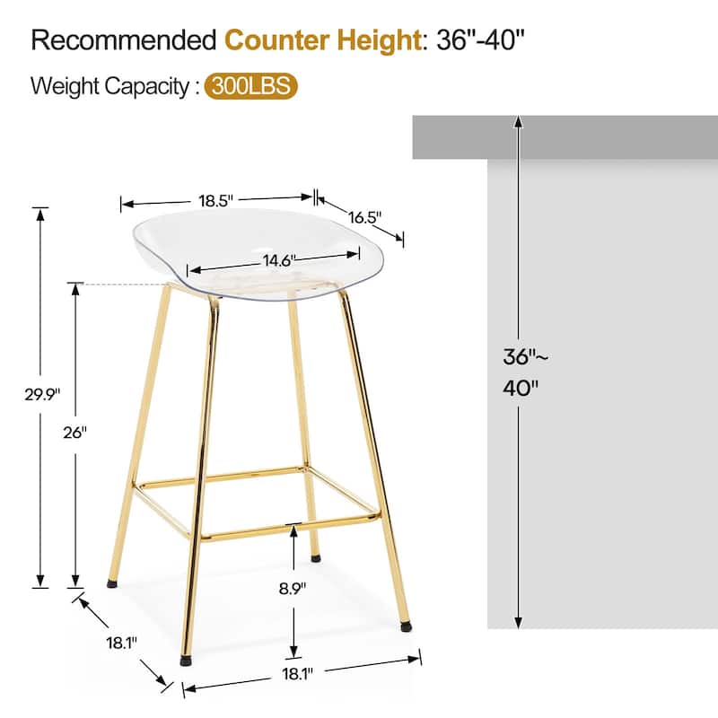 26" PC Clear Counter Stool, Bar Stools with Metal Legs - 29.9"H x 18.5"W x 18.1"D