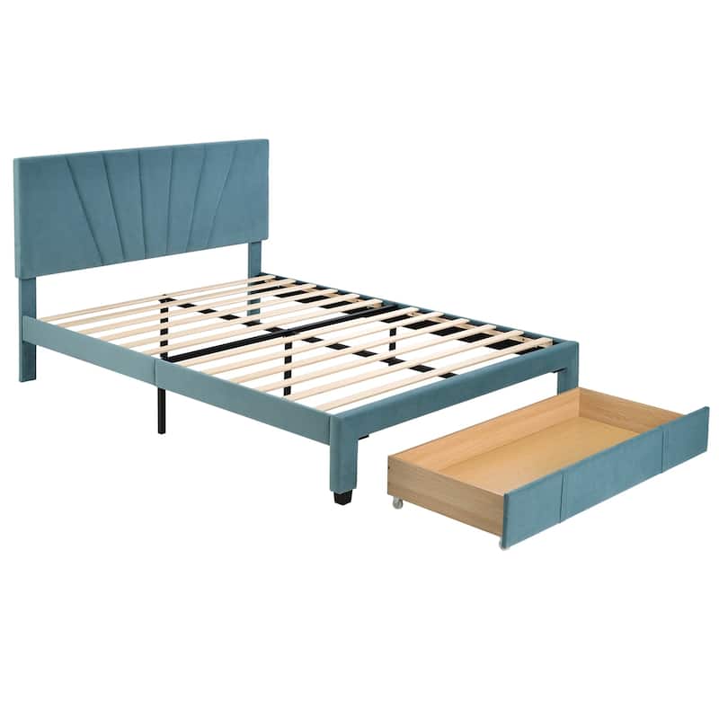 Storage Bed Velvet Upholstered Platform Bed with a Big Drawer