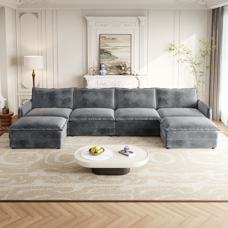 Oversized U-shape Upholstered Couch Deep Seat Sleeper Sectional Sofa with 2 Ottomans