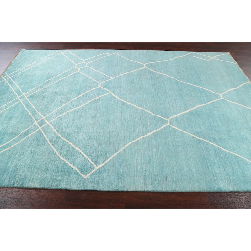 Turquoise Moroccan Vegetable Dye Oriental Wool Area Rug Hand-knotted - 6'4" x 9'8"