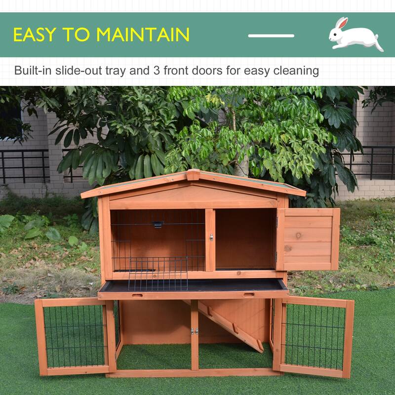 PawHut 40" Multi-Level Wooden Playpen Outdoor Rabbit Small Animal Pet Cage with Enclosed Run, Great for Ferrets & Guinea Pigs