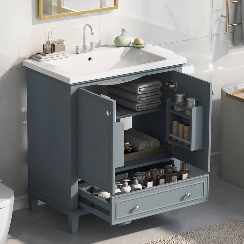 30" Bathroom Vanity W/Sink Combo, Multifunctional Bathroom Ceramic Sink Cabinet With Doors And Drawer, Removable Panel