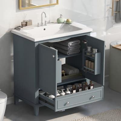30" Bathroom Vanity with Sink Combo, Multi-functional Bathroom Cabinet with Doors and Drawer, Solid Frame and MDF Board