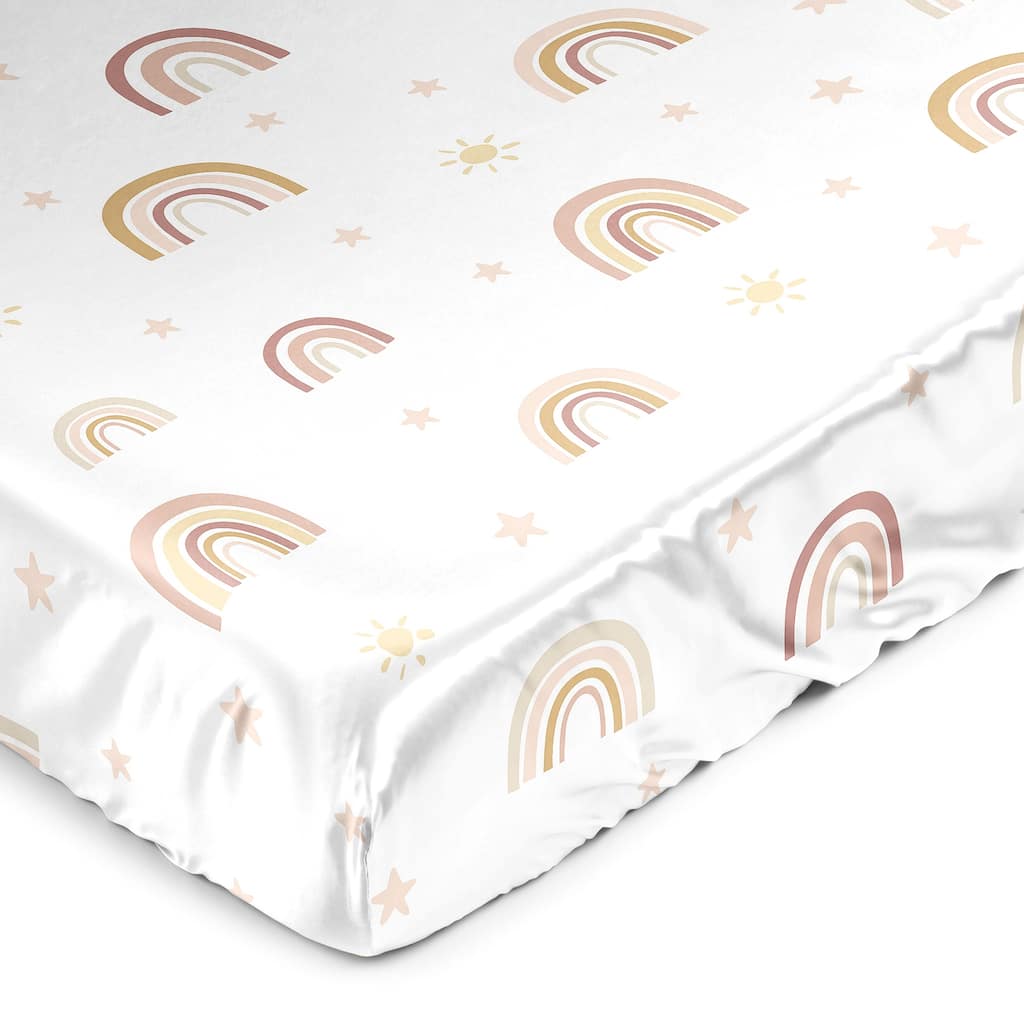 Sweet Jojo Designs Boho Rainbow Girl Satin Fitted Crib Sheet Blush Pink Yellow Bohemian Modern Neutral Vintage Gold Mauve Beige