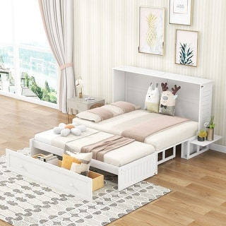 Queen Size Mobile Murphy Bed with Drawer & Little Shelves on Each Side