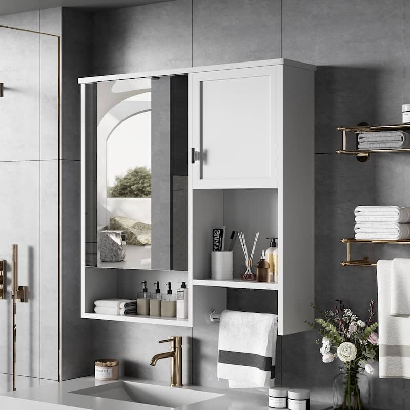 29" x 28" Over The Toilet Bathroom Storage Cabinet with Towel Bar Wall Mirror Cabinet with Closed Cupboard and Open Shelf