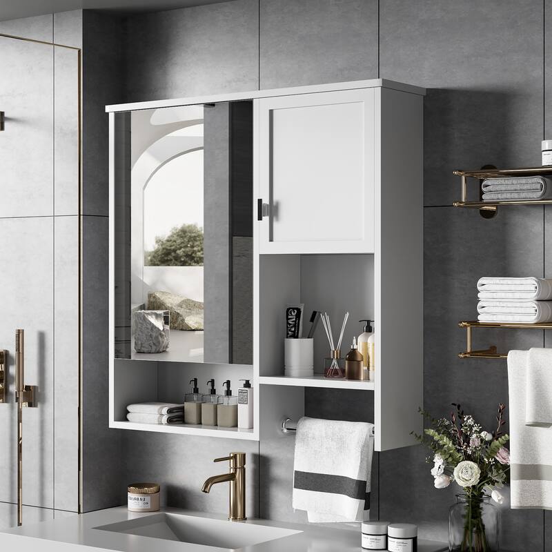 GDFStudio - Linton Modern Wall-Mounted Bathroom Medicine Cabinet with Mirror, Adjustable Shelves and Towels Bar - 29'' x 28''
