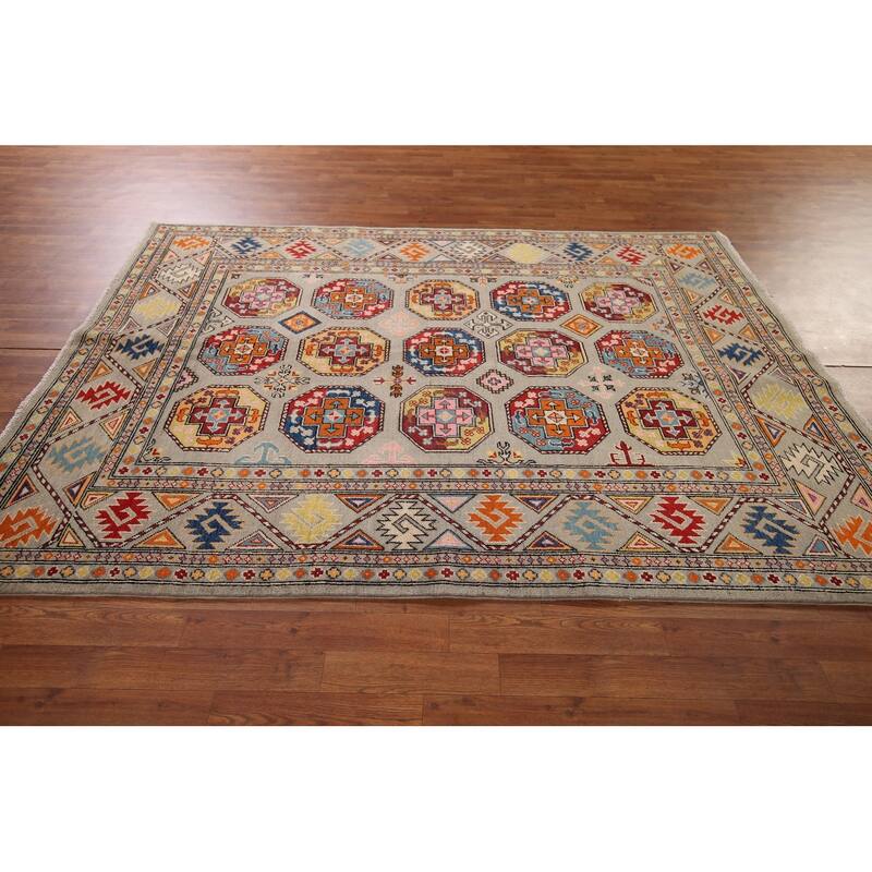 Geometric Kazak Area Rug Living Room Handmade Wool Carpet - 5'7" x 7'10"
