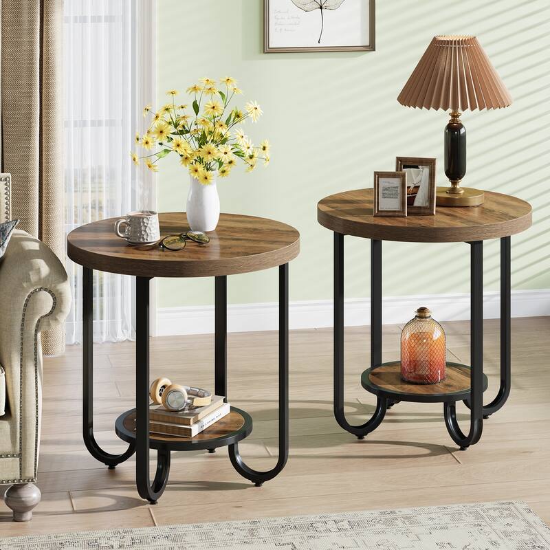 Round End Table with 2-Tier Storage Shelf