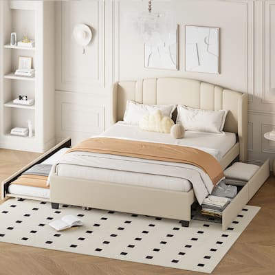 Contemporary Linen Upholstered Platform Bed, Queen Size, Includes Trundle Bed and Drawers, Wingback Headboard