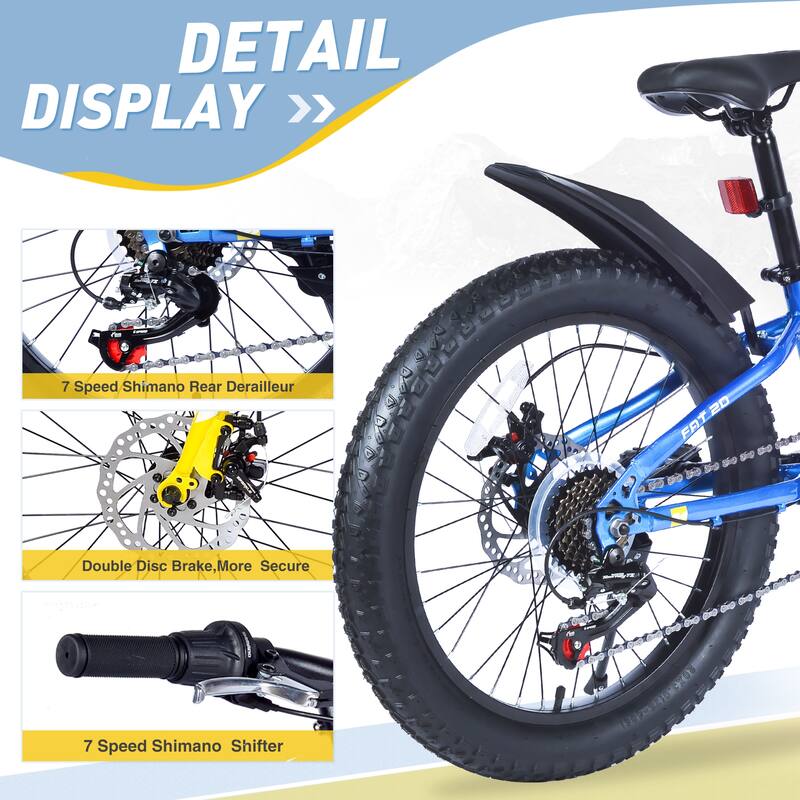 20 Inch Kids Fat Tire Mountain Bike, Boys & Girls 7-Speed Shimano with Dual Disc Brakes & Suspension Fork