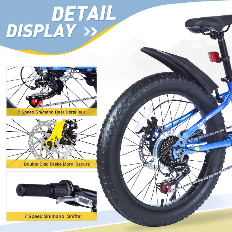 Kids' Fat Tire Bike - Dual-Disc Brake, Shimano 7-Speed, Beach/Snow Bicycle, Unisex - 20