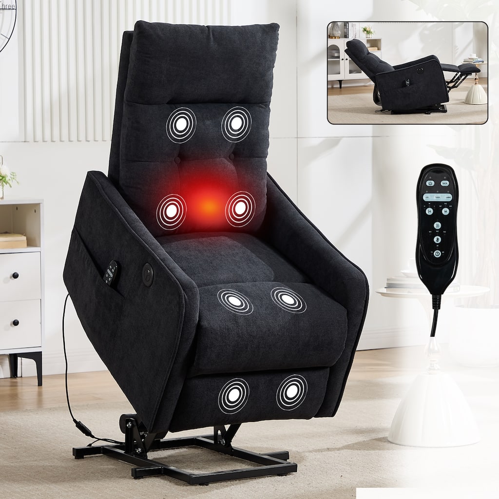 Chenille Single Motor Power Lift Recliner Chair with Massage and Heat for Elderly, Heavy Duty Motion Mechanism and One USB