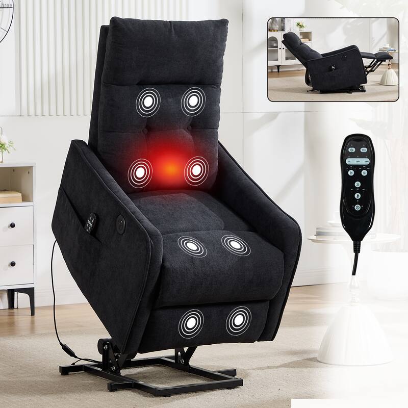 Roomfitters Power Lift Recliner Chair, Single Motor Massage Sofa with Heat and USB Port, Heavy Duty Chenille Fabric - Black